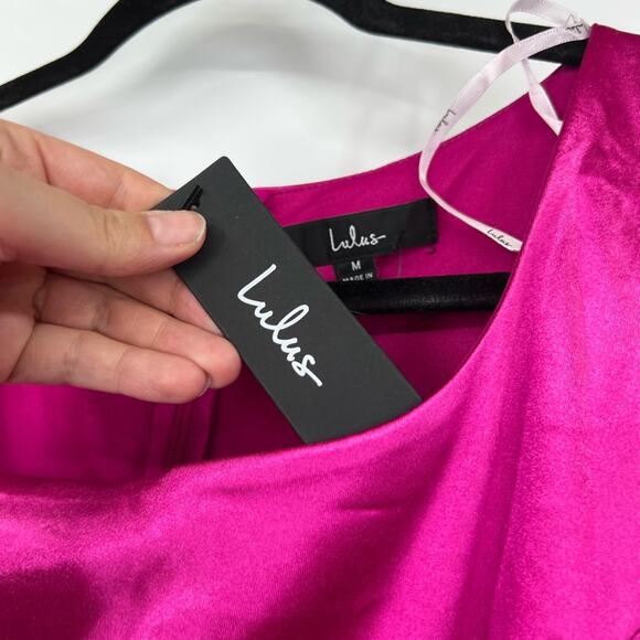 Lulus Off to the Ball Magenta Satin Long Sleeve Maxi Dress NWT - Picture 5 of 13